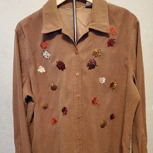 TanJay Vintage 90s Fall Leaves Button Up Shirt Women's 18 Autumn Foliage Fairy